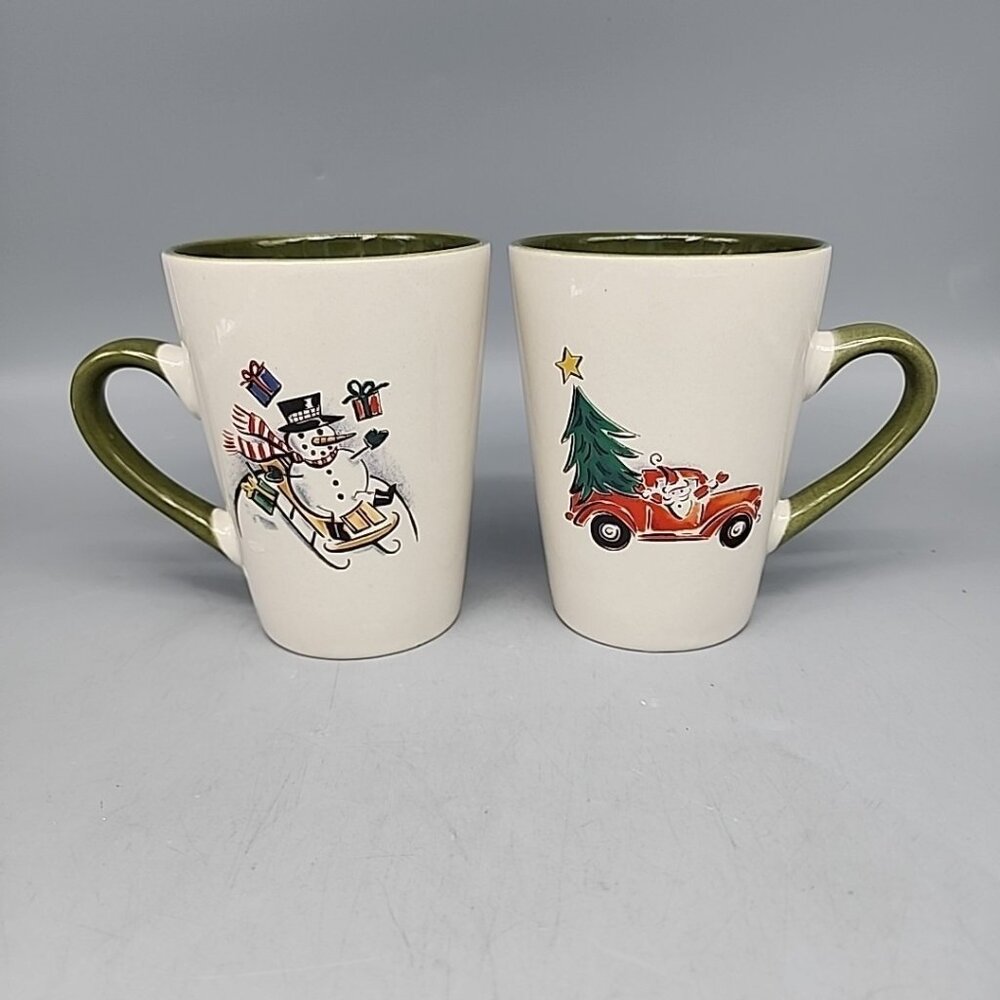 Set 2 Eddie Bauer Home Coffee Mug Snowman Sledding Santa Car Holiday Christmas